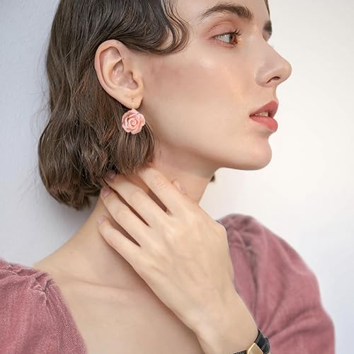 Handmade Bohemian Aesthetic Dainty Acrylic Flower Petal Leverback Earrings Sparkly 14K Gold Floral Dangle Drop Earrings for Women - color: Orange Pink