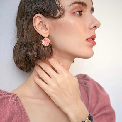 Handmade Bohemian Aesthetic Dainty Acrylic Flower Petal Leverback Earrings Sparkly 14K Gold Floral Dangle Drop Earrings for Women - color: Orange Pink