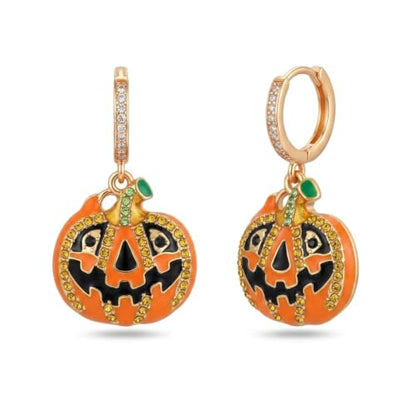 Sonateomber Christmas Tree Dangle Small Gold Hoop Earrings for Women, Cute Sparkly CZ Rhinestone Maple Clover Leaf Drop Earings Thanksgiving Holiday Accessories Fashion Jewelry Gift - color: Halloween Pumpkin