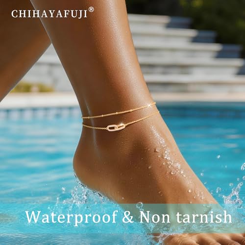 Sterling Silver Ankle Bracelets for Women 14k Gold Plated Waterproof Layered Stackable Bead Chain Infinity Charm Non Tarnish Large Adjustable Summer Party Beach Jewelry Gift - color: goldB