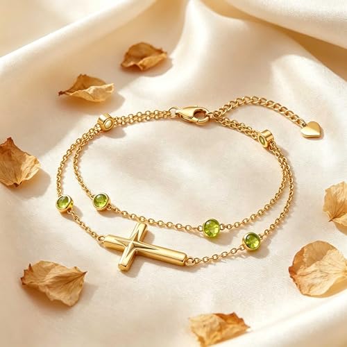 Midari 18K Yellow Gold Gemstone Birthstone Anklet Bracelet Cross Jewelry with 12 Months Birthstone Birthday Gifts for Women Wife Her Daughter Mom - color: 08-Aug-Peridot, size: Bracelet 7"-9"