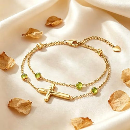Midari 18K Yellow Gold Gemstone Birthstone Anklet Bracelet Cross Jewelry with 12 Months Birthstone Birthday Gifts for Women Wife Her Daughter Mom - color: 08-Aug-Peridot, size: Bracelet 7"-9"
