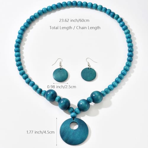 LOTSOF Boho Wooden Beaded Necklace and Earring Set for Women, Bohemian Chunky Statement Costume Jewelry, Round Drop Pendant Retro Ethnic Accessories Ladies Gift - color: Peacock Blue