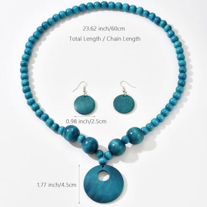 LOTSOF Boho Wooden Beaded Necklace and Earring Set for Women, Bohemian Chunky Statement Costume Jewelry, Round Drop Pendant Retro Ethnic Accessories Ladies Gift - color: Peacock Blue
