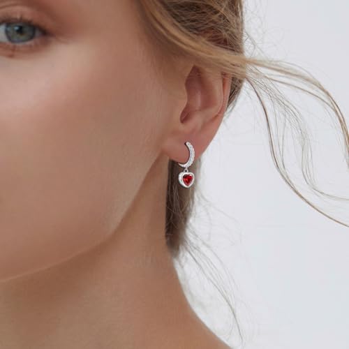 Heart Hoop Earrings with Dangle Sterling Silver Love Heart-Shaped Loop Earrings for Women Hypoallergenic Sparkle Birthstone Cubic Zirconia Hoop Earring with Dangling Charms Dainty Fashion Jewelry Gift - color: Red