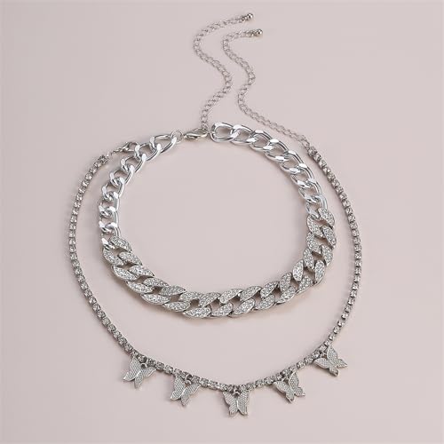 2Pcs Layered Hip Hop Shiny Rhinestone Bead Chunky Chain Butterfly Pendant Necklace Punk Crystal Cuban Link Chain Choker Collar Necklace for Women Party Birthday BarJewelry Gift - color: H silver-3