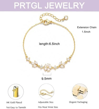 Gold Bracelets for Women Pearl Bracelet 14k Gold/White Gold Plated | Dainty Cubic Zirconia CZ Accented, Bridesmaid Jewelry, Prom Bracelet, Wedding Bracelets for Brides - color: gold-flower leaf
