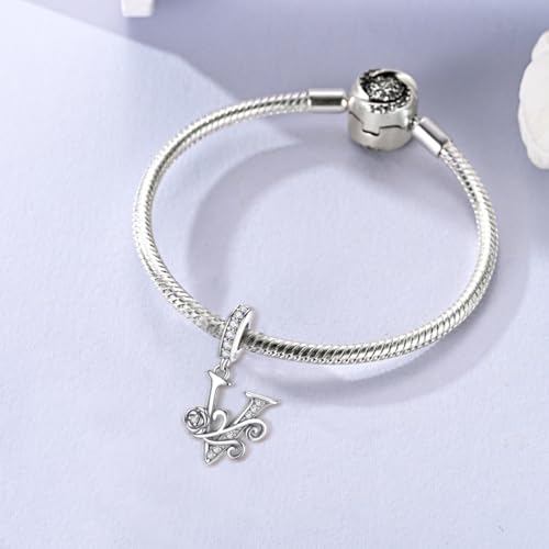 LNQOBU Complete A~Z Alphabet Charm Letter Beads, Solid 925 Sterling Silver with Cubic Stones Rose Alphabet Charm fits Pandora Bracelets Necklace Women Jewelry - color: CYT-V