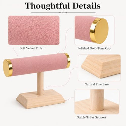 Jewelry Display T-Bar Stand, 9 Inch Pink Velvet Bracelet Holder with Gold-Tone End Caps, 1-Tier Bangle and Watch Stand with Natural Pine Base for Vanity and Retail Counter - color: Black