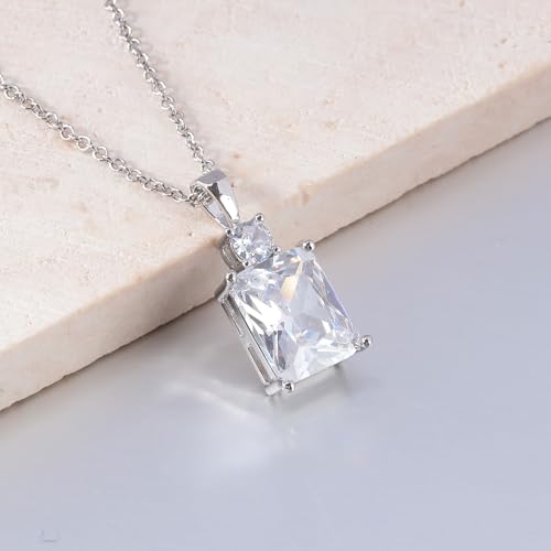CiNily Rectangular Crystal Necklace for Women Trendy, Pendant Necklace with Chain 14K White Gold | Gold Plated Multicolor Birthstone Pendant Necklaces Boho Jewelry for Christmas Birthday Wedding - color: Silver-White cz