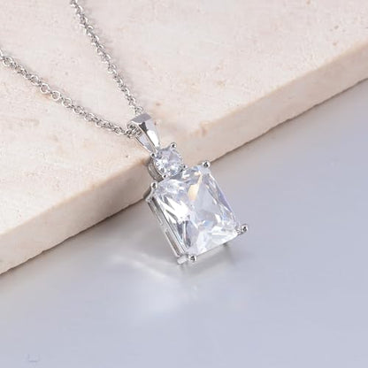 CiNily Rectangular Crystal Necklace for Women Trendy, Pendant Necklace with Chain 14K White Gold | Gold Plated Multicolor Birthstone Pendant Necklaces Boho Jewelry for Christmas Birthday Wedding - color: Silver-White cz
