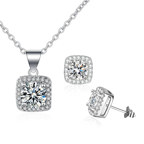 Cubic Zirconia Earring And Necklace Set For Women Trendy Square Halo Dainty Stud Earrings Necklace Set Silver