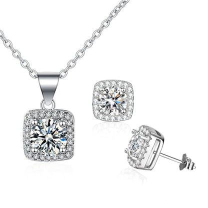 Cubic Zirconia Earring And Necklace Set For Women Trendy Square Halo Dainty Stud Earrings Necklace Set Silver