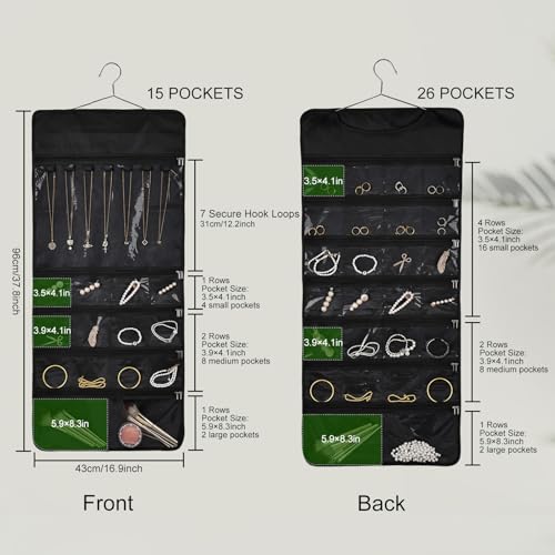 Hanging Jewelry Organizer Storage Roll 41 Pockets and 7 Necklace Hooks with Detachable Hanger Double-Sided Foldable, Travel Jewelry Holder for Earrings, Rings, Bracelets, Hanging on Closet, Wall, Door - size: 41 Dual Zippered Pockets