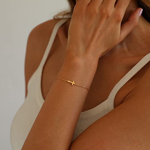 18K Gold Plated Pearl Beaded Cross Bracelets for Women Adjustable Stainless Steel Dainty Thin Gold Box Cuban Twisted Link Chain Bracelet Bridesmaid Jewelry Gifts - color: Tiny Cross-Gold