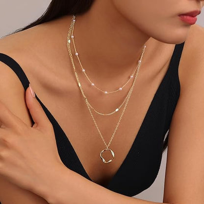 Evabelle Gold Layered Necklace for Women Trendy Jewelry 14K Real Gold Plated Chunky Chain Stackable Necklaces Dainty Choker Necklaces Rectangle Square Pendant - color: Gold Necklace 33