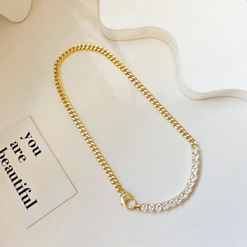 Zeffy 14K Gold/Silver Plated Chunky Thick Chain Toggle Clasp Necklace Dainty Baroque Pearl/Heart/Cross/Turquoise Pendant Necklace - color: Gold Diamond Cuban Link