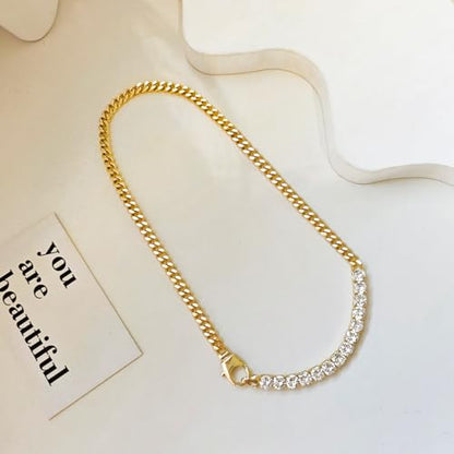 Zeffy 14K Gold/Silver Plated Chunky Thick Chain Toggle Clasp Necklace Dainty Baroque Pearl/Heart/Cross/Turquoise Pendant Necklace - color: Gold Diamond Cuban Link