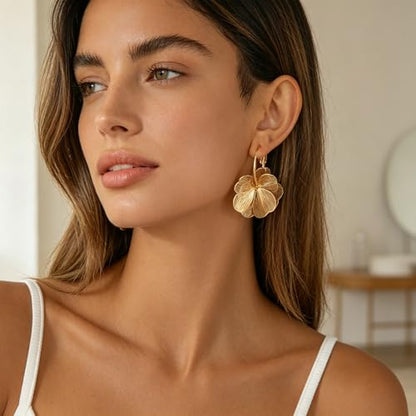 Gold Silver Flower Hoop Earrings for Women 14K Gold Plated Large Layered Flower Dangle Drop Earrings Wedding Party Holiday Birthday Gifts Lightweight Trendy Bohemian Jewelry Gift for Her - color: Gold