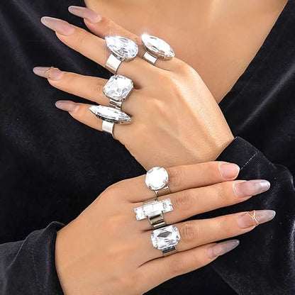 Chunky 7Pcs Silver Crystal Knuckle Rings Set Geometric Rhinestone Waterdrop Open Rings Stackable CZ Circle Square Finger Rings Jewelry Set for Women - color: 7Pcs Crystal