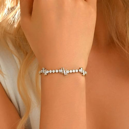 18K Gold Plated Cubic Zirconia Tennis Bracelet for Women Sparkling Stackable Stainless Steel Jewelry Hypoallergenic Tarnish Resistant Bridal Gift - color: White Baguette CZ-Gold
