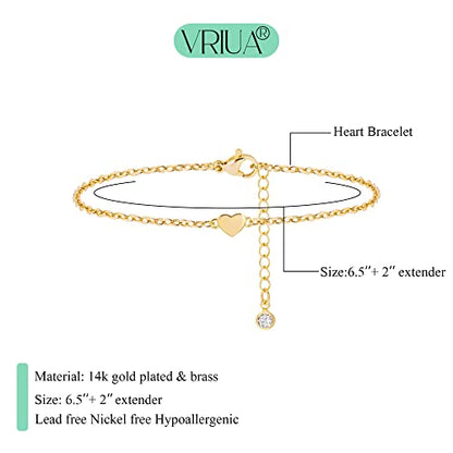 VRIUA Dainty Gold Bracelets for Women, 14K Gold Plated Layered Bracelet Simple Sparkle Twisted Chain Bracelets Adjustable Diamond Bracelets Set Gold Jewelry for Women - color: Heart gold