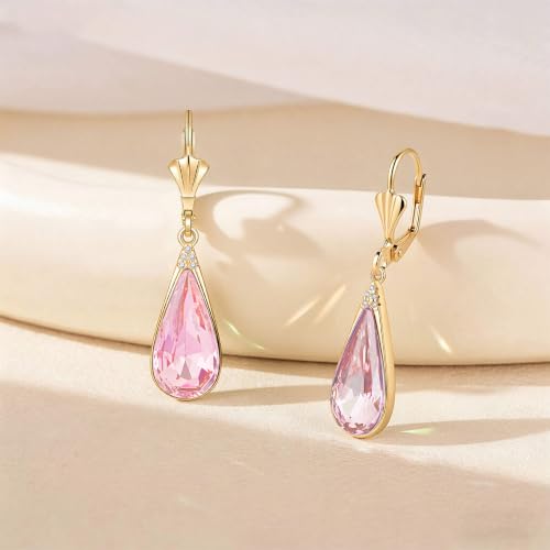 Teardrop Austrian Crystal Leverback Dangle Drop Earrings for Women | 14K Gold Plated,Classic Teardrop Elegance,Leverback for Easy Secure Wear,Gift Box Included, Brighten Up Daily and Party Looks - color: Pink