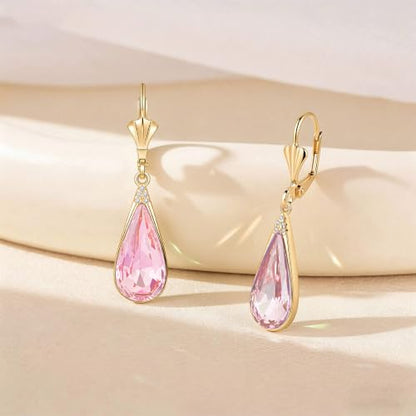 Teardrop Austrian Crystal Leverback Dangle Drop Earrings for Women | 14K Gold Plated,Classic Teardrop Elegance,Leverback for Easy Secure Wear,Gift Box Included, Brighten Up Daily and Party Looks - color: Pink
