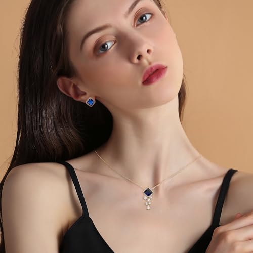 Gold Silver Stud Earrings Pendent Necklace Sets for Women, Dainty Rhinestone Crystal Necklace Earing Jewelry Set Wedding Accessories Fashion Holiday Gift - color: blue Navy rhinestone