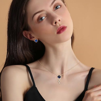 Gold Silver Stud Earrings Pendent Necklace Sets for Women, Dainty Rhinestone Crystal Necklace Earing Jewelry Set Wedding Accessories Fashion Holiday Gift - color: blue Navy rhinestone