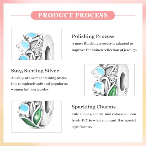 925 Sterling Silver Openable Clip Spacer Bead Fits Pandora Bracelet | Hypoallergenic Clip Stopper Charm, Star Clover Butterfly Floral Mom Heart Paved Zircon Gift for DIY Charm Bracelet Jewelry - color: Lily of The Valley