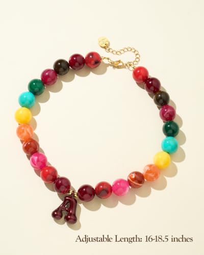 DoDoBeads Chunky Colorful Beaded Initial Necklace, Bubble Letter Choker | Gift box and dust pouch included; waterproof and sweat-resistant with real gold plated stainless steel hardware - color: Rainbow-A