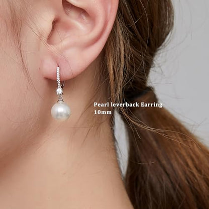 Pearl Dangle Drop Earrings for Women 925 Sterling Silver Pearl Leverback Earrings Cubic Zirconia Pearl Dangling Earrings 10MM - color: 1. white-10mm