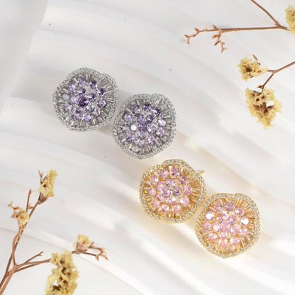 Crystal Flower Burst Stud Earirings - Big Sterling Silver CZ Cubic Zirconia Rhinestone Daisy Sunflower Floral Cluster Studs Bridal Wedding Party Prom Costume Jewelry for Bride Bridesmaids Women Birthstone Birthday Gift - color: Baby Pink