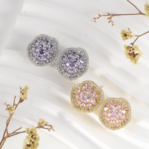 Crystal Flower Burst Stud Earirings - Big Sterling Silver CZ Cubic Zirconia Rhinestone Daisy Sunflower Floral Cluster Studs Bridal Wedding Party Prom Costume Jewelry for Bride Bridesmaids Women Birthstone Birthday Gift - color: Mauve