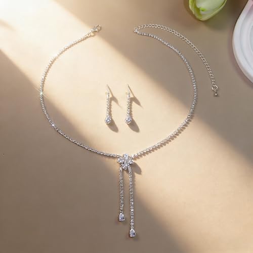Women's Fashion Jewelry Rhinestone Zircon Necklace and Earring Set Formal Ball Gown Accessories Silver Floral Pendant Bridal Wedding Jewelry Suitable for Weddings, Balls, Banquets, and All Special Occasions - style: GST012