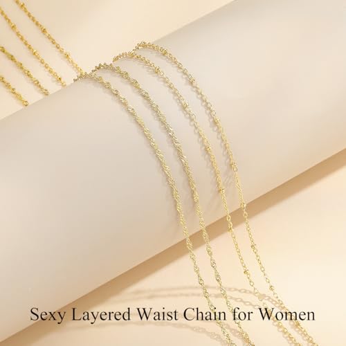 Yowivon Waist Chain for Women, 14K Gold Plated Body Chain, Dainty Cuban Layered Belly Beads Chains, Waterproof Adjustable Sexy Bikini Beach Jewelry Accessories Daily Belts Gifts - style: 2Pcs-Twisted & Bead
