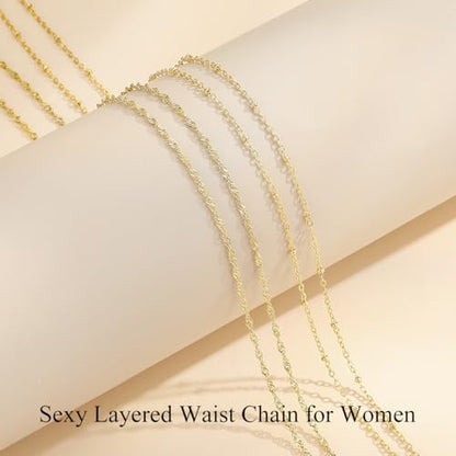 Yowivon Waist Chain for Women, 14K Gold Plated Body Chain, Dainty Cuban Layered Belly Beads Chains, Waterproof Adjustable Sexy Bikini Beach Jewelry Accessories Daily Belts Gifts - style: 2Pcs-Twisted & Bead