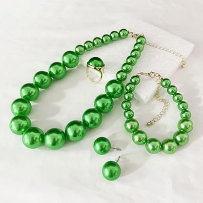 White Faux Pearl Necklace and Earrings Set Big Large Pearl Bead Ball Beaded Choker Necklace Black Pink Pearls Statement Bracelet Ring for Women - color: green