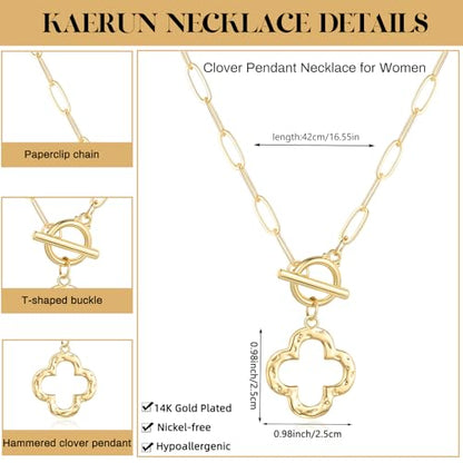 Chunky Gold Necklace for Women Trendy Non Tarnish 14K Gold Plated Paperclip Chain Charm Necklaces Chunky Heart Cross Clover Pearl Pendant Necklace with Toggle Clasp Statement Jewelry Gift for Women - color: D-Clover