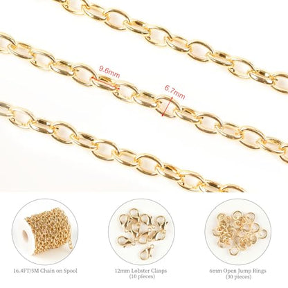 KYUNHOO 5 Meters Gold Plated Iron Chains for Jewelry Making Oval Circle Link Chain Roll Chunky Cable Chains for Necklace Bracelet Making Finding Jewelry Supplies - color: 9.6x6.7mm-Gold