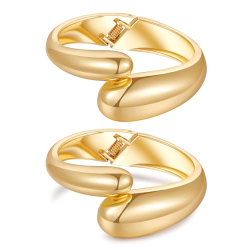 2pcs Gold Bangle Bracelets for Women, Trendy Hinged Cuff Open Wide Chunky Gold Bracelet Stack Arm Cuff Jewelry for Women - color: C-Gold Bangle