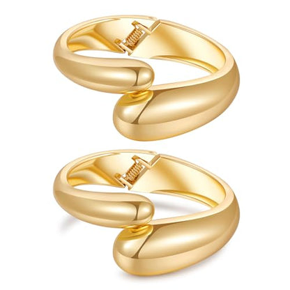 2pcs Gold Bangle Bracelets for Women, Trendy Hinged Cuff Open Wide Chunky Gold Bracelet Stack Arm Cuff Jewelry for Women - color: C-Gold Bangle