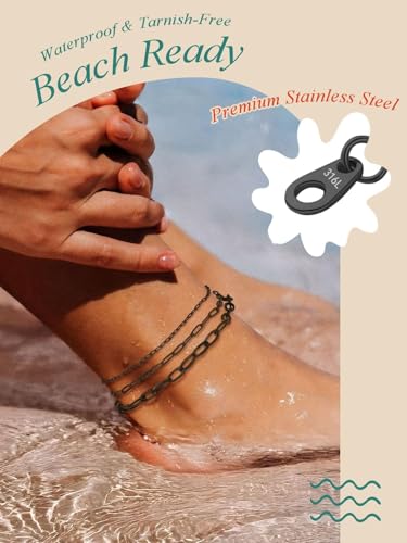 FaithHeart Waterproof Ankle Bracelets for Women, 1/2/3Pcs Non Tarnish Stainless Steel Layered Anklet Set Paperclip Figaro Cuban Link Chain Dainty Summer Beach Jewelry Gift Adjustable Size - style: d.Paperclip 3Pcs - Black
