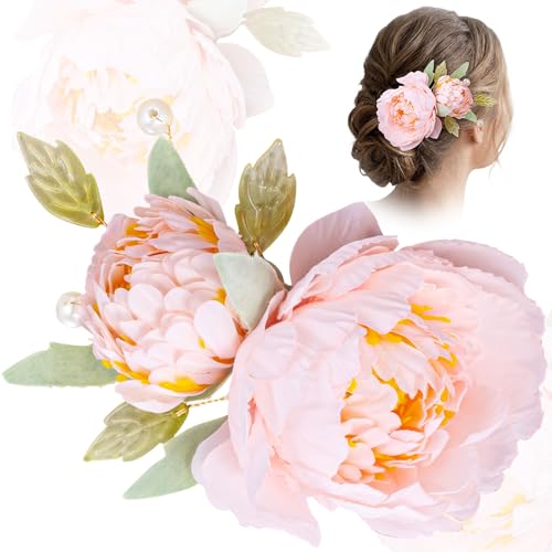 PAGOW Pink Flower Hair Clips for Women, Vintage Non-Slip Floral Barrette with Faux Pearl, Bridal Flower Headpiece Silk Twin Peony Flowers for Hair Accessories Wedding Decor Party Braids - 1pc