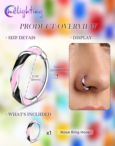 Melighting 20G Twist Nose Ring Hoop Stainless Steel 316L Piercing Jewelry | 7/8 mm Nose Piercing Jewelry, Cute Hinged Segment Clicker Lobe Helix Daith Cartilage Earring for Women - color: Steel PKB, size: 20g8mm