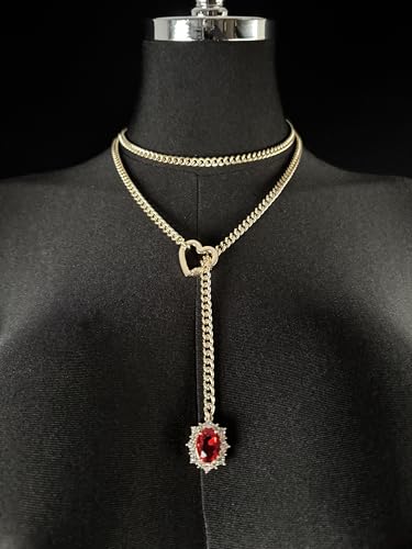 Women's Heart O-Ring Slip Chain Necklace, Double Layered Adjustable 39'' Cuban Chain with Detachable Heart Clasp and Colorful Rhinestone Pendant - color: 39'' Gold-Royal Red