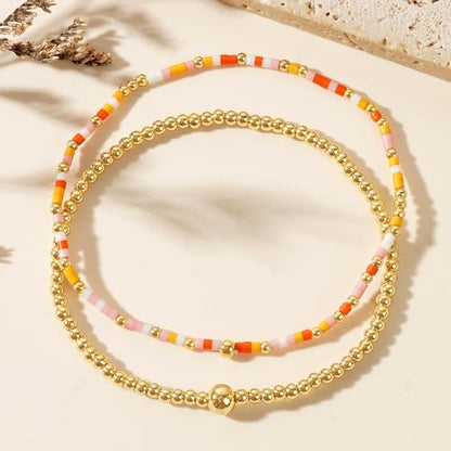 Dainty Gold Plated Tiny Ball Colorful Beaded Stack Bracelets Sets for Women,3Pcs Stackable Cute Bracelet Stretch Trendy Ball Jewelry Friendship Gift - color: Orange
