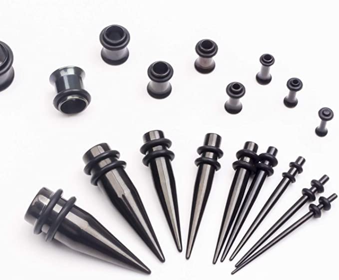 36pcs Ear Stretching Kit 14G-00G Surgical Steel Tapers Tunnels Gauges Set for Starter Women and Men Expanders Body Piercing Jewelry - color: Black