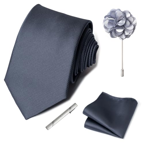 joy alice 30 Colors Solid Ties for Man Pure Color Men's Tie Set with Lapel Pin Pocket Square Tie Clip - color: Dark Grey